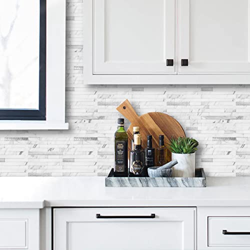 AULIGET 20 Sheets Faux Marble Peel and Stick Backsplash Tiles with Metal Silver Accents, 6x12 Inch PVC Wall Coverings for Kitchen