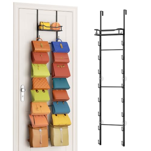 Black 9-Tier Over The Door Purse Organizer with 16 Hooks and Metal Basket