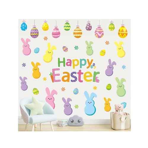 Happy Easter Wall Stickers Bunny Rabbit Egg Daisy Wall Decals Room Mural Stickers for Spring Party Home Nursery Decor, 7.9 x 11.8 Inch, 9 Sheets