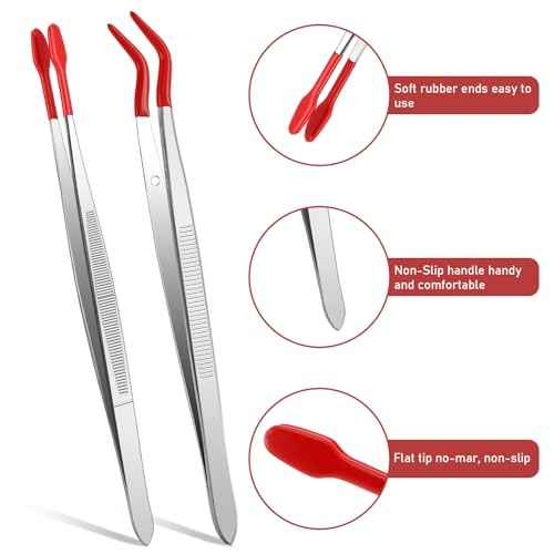 Rubber Tipped Tweezers, 4 Pcs PVC Coated Craft Tweezers Jewelry Tweezer Long Bent and Straight Flat Tip Precision Tweezer for Crafts Stamps Coin Beads Jewelry Industrial Electronic Lab (Red)