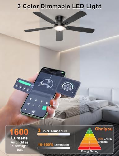 Ohniyou 52'' Black Low Profile Ceiling Fan with Lights, Remote & App Control