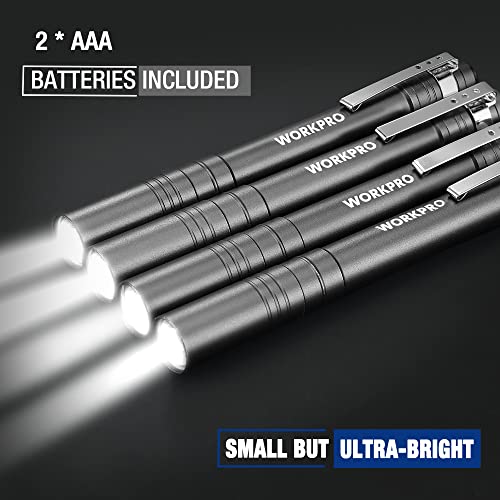 WORKPRO Gray LED Pen Light 4-Pack Aluminum Pocket Flashlights with Clip