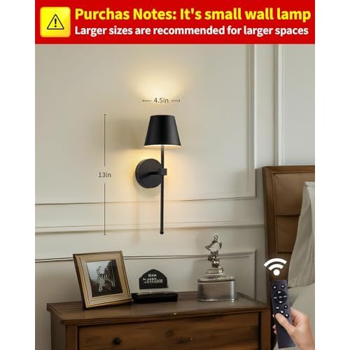 KDG Wireless Wall Sconces Set of 2, Small Cordless 5200mAh Rechargeable Battery LED Wall Lamps, Stepless Dimming Lightings for Wall Painting, Living Room, Bedroom, Hallway, Gifts, Night Light (Black)