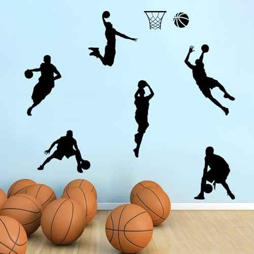 Basketball Dunk Wall Decal Stickers, 6 Man Playing Basketball Vinyl Art Wall Sticker for Bedroom Dorm Room Playroom Stadium Gym Home Decoration