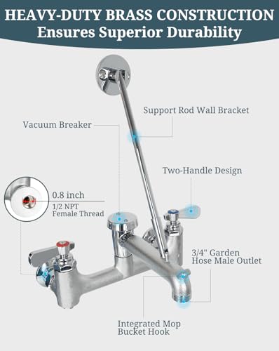 Phivan Commercial Mop Sink Faucet with Vacuum Breaker, Wall Mount, 8-Inch Adjustable Center, Lever Handle, Chrome Finish