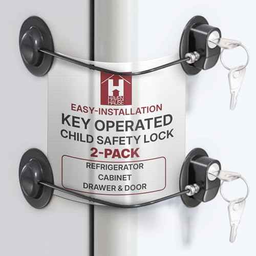 HavenHause Child Safety Lock for Refrigerator, Cabinet, Drawer & Door ? Easy Installation with Strong Adhesive and Heavy-Duty Steel Cable for Home, School, Office ? Key Operated ? Black (Pack of 2)