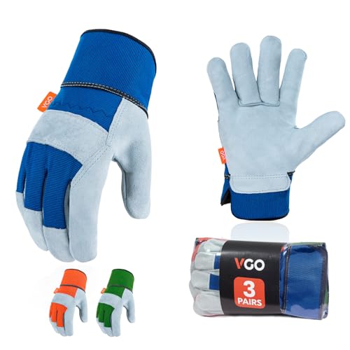 Vgo... Leather Palm Work Gloves for Men, Gardening Gloves, Builder Gloves (3 Pairs,Size L, 3colors, CB3501)