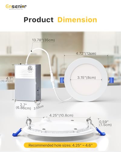 Ensenior 4 Inch LED Recessed Ceiling Light 5CCT (2700K-5000K), 750LM, 9W, Dimmable, IC & Wet Rated, 16 Pack