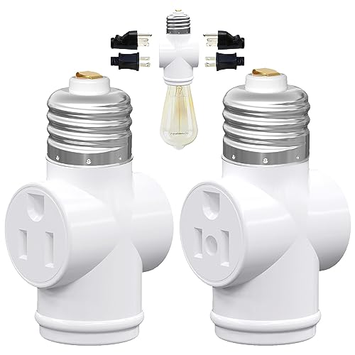 eRqILUJI 2 Pack Light Socket to 3-Prong Outlet Adapter with E26 Bulb Socket - White