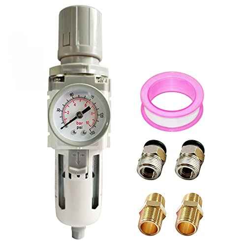 3/8" NPT Air Filter Pressure Regulator Combo Water Separator for Air Compressor Line Semi-Auto Drain 5 Micron Brass Element 0-150 psi Gauge