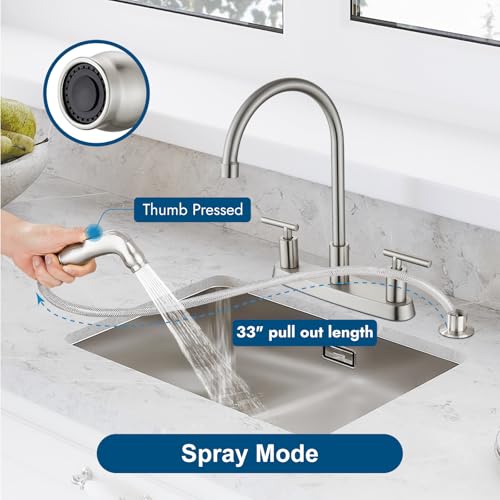 Nickel 2-Handle Kitchen Faucet with Sprayer, 4 Hole, Brushed Finish