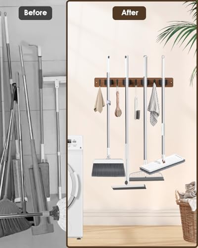 AceMining 1 Pack Wall Mount Broom Holder with 4 Hooks - Brown