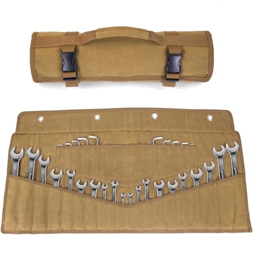 Wrench Roll 32 Pockets, Heavy-Duty 16 oz. Waxed Canvas Wrench Roll Up Bag Holds Wrench Wrap for Metric and SAE Wrenches, Wrench Pouch with Buckles and Handle, Sturdy Wrench Tool roll (Khaki)