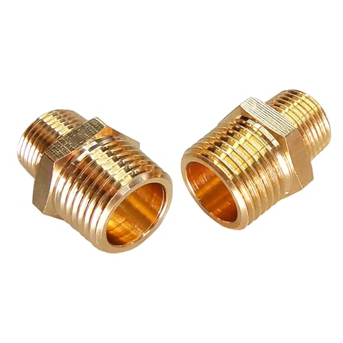 2pcs Brass NPT Reducing Pipe Fittings 1/2" to 3/8" NPT Adapters, Solid Hex Nipples