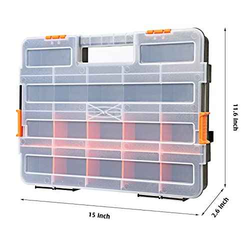 Makitoyo Tool Box Organizers, Interlocking Black Small Parts Organizer for Fasteners, Parts and Crafts w/Removable Dividers, 2 Pieces Pack, Black & Orange,15¡±L¡¿11.6¡±W¡¿2.6¡±H