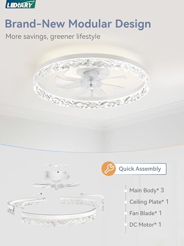 20 Inch White Modern Ceiling Fan with Lights & Remote Control - LEDIARY Fandelier, Reversible Motor, Dimmable, 6 Speeds, App & Timer