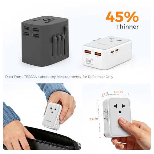 TESSAN Grey Universal Travel Adapter 25W with USB-C & 5-in-1 Power, Ultra Thin