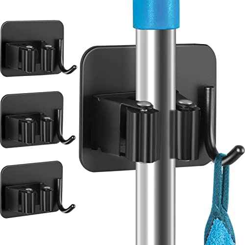 4 Pack Anti-Slip Broom Holder, Space-Saving, Damage-Free Wall Mount, Stainless Steel, Black