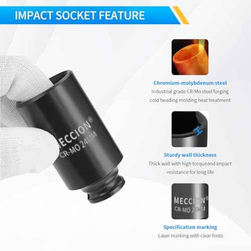 Meccion 3/8 Inch Drive Impact Socket 7mm Metric, 6 Point Cr-Mo Deep Socket, 63mm Length