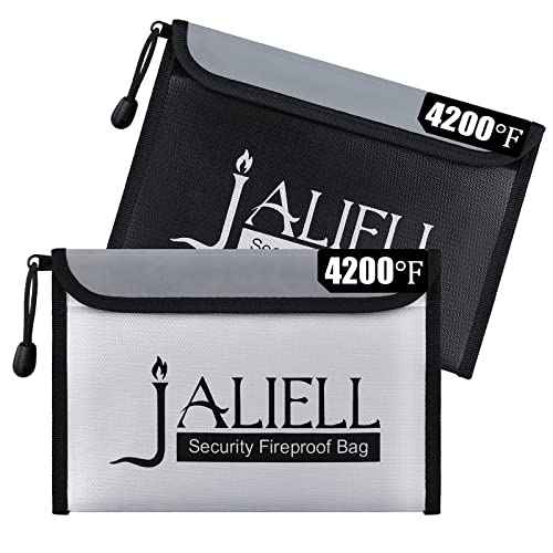 2 Pack Fireproof Money Bag (9.5x6.5''), Non-itchy Waterproof Fireproof Bag with Zipper, Small Fire Proof Money Bag for Cash, Valuables, Passport, Currency & Keys (Black & Grey)