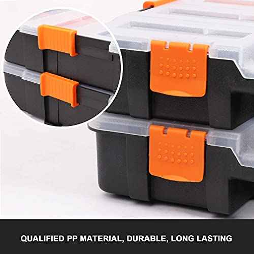 Makitoyo Tool Box Organizers, Interlocking Black Small Parts Organizer for Fasteners, Parts and Crafts w/Removable Dividers, 2 Pieces Pack, Black & Orange,15¡±L¡¿11.6¡±W¡¿2.6¡±H