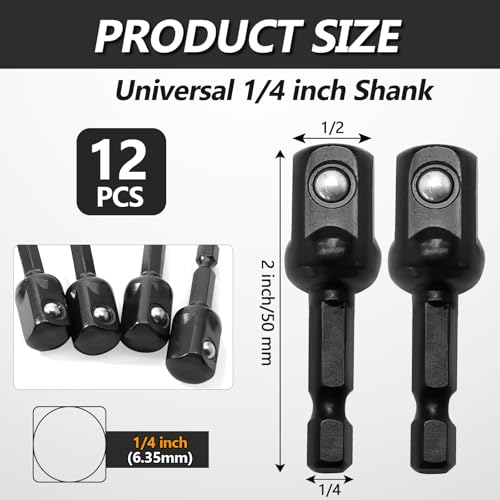 12 Pcs Impact Socket Adapter, Square Socket Extension Driver Bits Hex Adapter, Adapter Kit for Drills/Automotive/DIY(1/2 Inch)