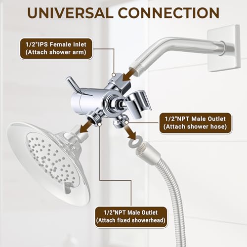 Pebblefall Chrome High-Flow Metal Shower Diverter with Holder - 3-Way Control