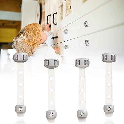 Fridge Locks,Refrigerator Door Lock,Child Proof Safety Cabinet Lock with Strong 3M Adhesives,Fridge Locks for Kids,Adjustable Strap Multi-Purpose for Cabinet,Drawers,Freezer,Oven (4 Count (Pack of 1))