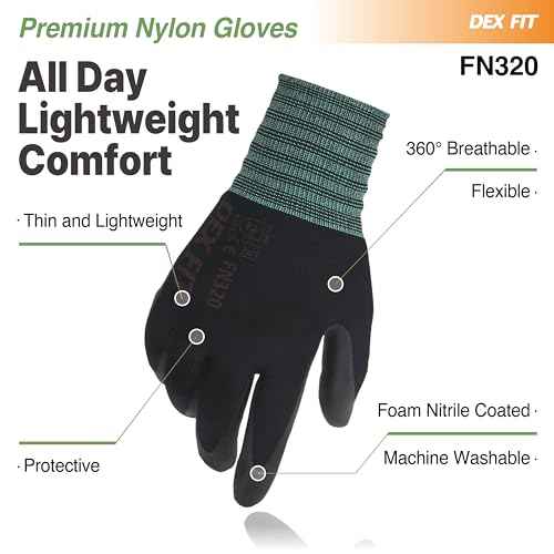 DEX FIT Nylon Work Gloves FN320, 3D Comfort Fit, Power Grip, Lightweight, Touchscreen for Men & Women, Breathable & Flexible for Yard Work DIY Mechanic Warehouse; Black 7 (S)