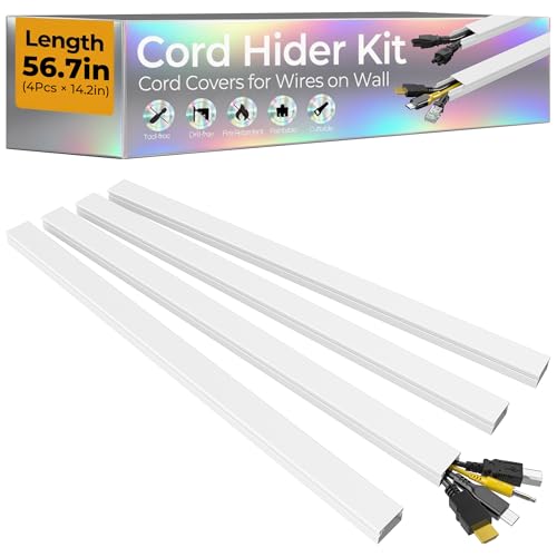 Wuitaouy 56.7in Cable Management Raceway Wall Cord Cover, Paintable, Self-Adhesive for 2-4 Wires, White