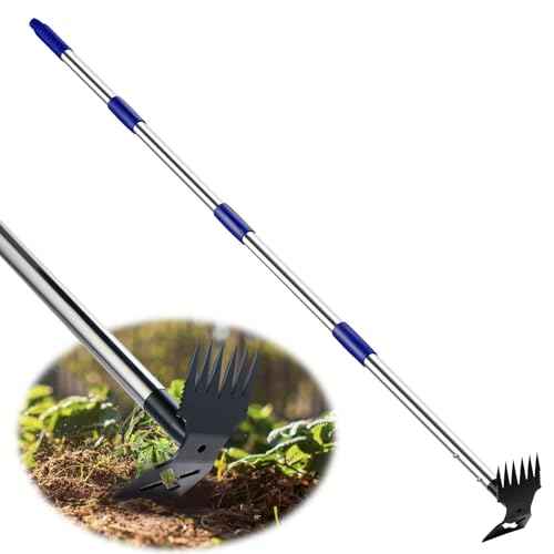Weed Puller Tool with Long Handle, 60'' Weed Remover Weeding Tool, Heavy Duty 2 in 1 Manual Weed Rake and Garden Hoe, Gardening Weeder Tools for Yard, Lawn, Patio, Garden Blue