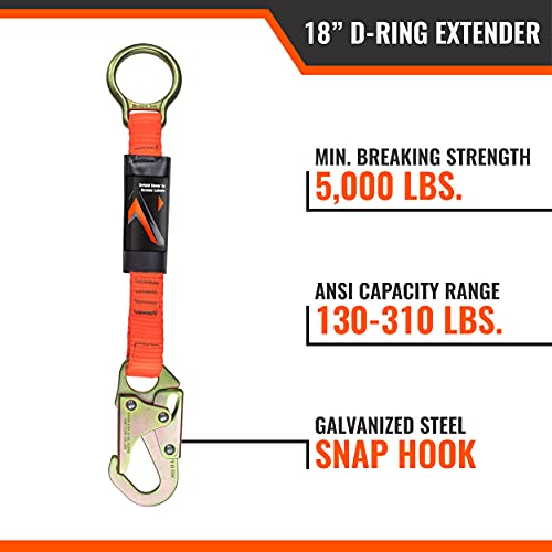 Malta Dynamics 18¡± D-Ring Extender with Snap Hook for Fall Protection and Roofing, OSHA/ANSI Compliant