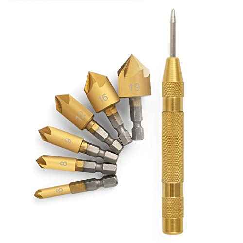 COMOWARE Countersink Drill Bit Set- 7 Pcs Counter Sinker Drill Bits for Wood, Quick Change, 1/4'' Hex Shank, High Speed Steel, 5 Flute 90 Degree Center Punch Tool, 1/4''-3/4''