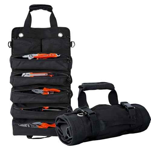 Portable Foldable Roll Up Tool Bag Organizer with 5 Compartments & 2 Detachable Pouches, Heavy Duty Waterproof Tool Pouch Bag for Secure Tool Storage, Tool Roll for Dad Men Electrician Mechanic Gifts