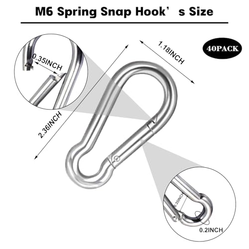 40PCS M6 Heavy Duty Spring Snap Hook Carabiner Clips - Silver, 2.36in