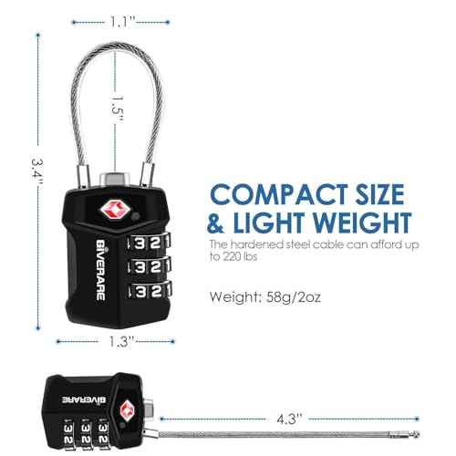 2 Pack TSA Approved Travel Luggage Locks, Cable Combination Lock Alloy, Metal Keyless 3-Digit Padlocks, Weatherproof TSA Accepted Padlock for Gym Locker, Golf Bag Case, Backpack, Black-by GIVERARE