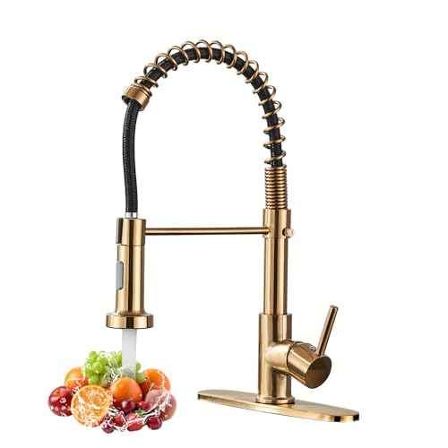 Gold Kitchen Faucet,DanPiang Commercial Stainless Steel Single Handle Pull Down Kitchen Sink Faucet with Deck Plate,Brushed Gold