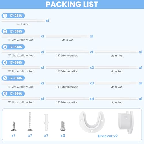 Matte White Adjustable Closet Rod, 17-84in Stepless Heavy Duty Hanging Bar