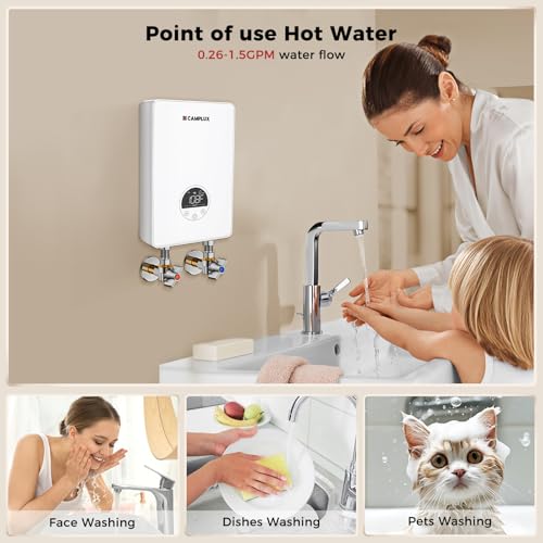 Camplux 4.5kW Electric Tankless Water Heater for Under Sink, Point-of-Use, Wall-Mounted, Digital Display