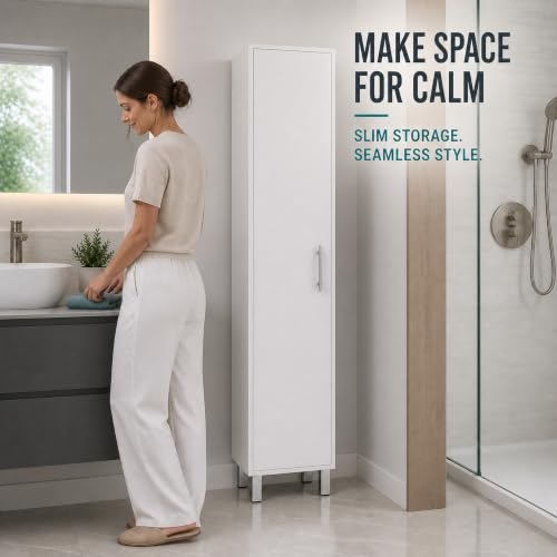 FUCIHOMA White Tall Slim Storage Cabinet with 3 Broom Hangers, 5 Shelves, Modern Melamine Finish