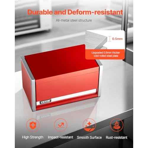 VEVOR Metal Tool Box, 8.6-inch, Portable Metal Tool Box with 3 Drawers, Small Tool Chest with EVA Liners and PP Feet Pads, Heavy-Duty Steel With Ball Bearing Opening and Powder Coated Finish, Red