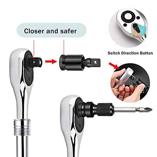 1/4" Square Socket Ratchet Wrench Telescopic Quick Release Ratchet Drive 72 Teeth Reversible Enlength Handle