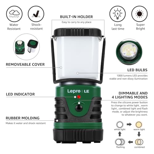 Lepro 1000LM Rechargeable Camping Lantern - Green, 4 Light Modes, Power Bank