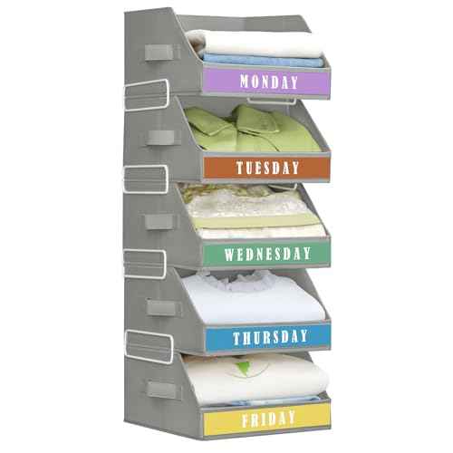 Closet Organizers and Storage - 5 Tier Shelf Organizer wiht Weekly Labels, Stackable Storage Bins with Metal Frame, Foldable Cube Bins, Home Baskets for Kids and Adults, Grey