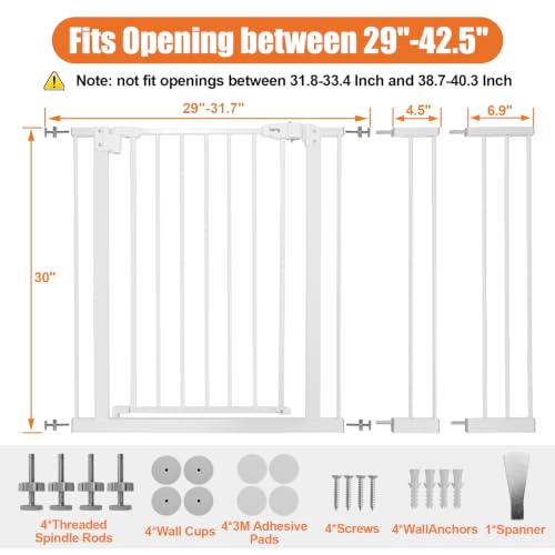 Keny 29-42.5 Inch White Baby Gate with Auto-Close Safety Lock for Stairs & Doorways
