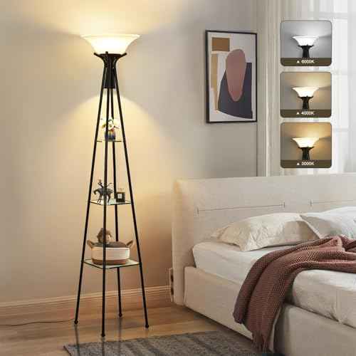 Floor Lamp with Shelves, 69¡± Tall Torchiere Floor Lamps for Living Room, 3-Tier Glass Shelf Lamp, Black Standing Lamp with Plastic Shade, Lamps for Bedroom, Office, 3 Color Temperatures Bulb Include