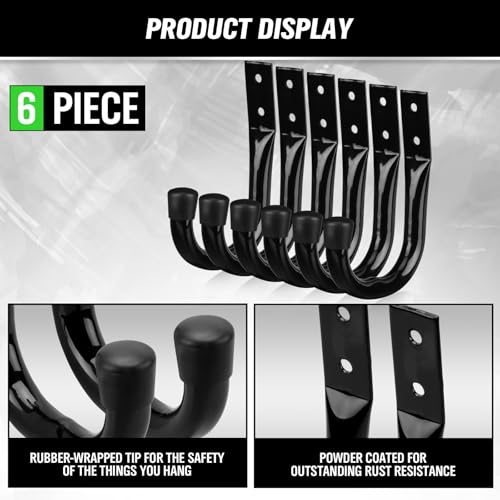 Heavy-Duty 6-Piece Garage Hooks Set with Wall Mount J Hooks – Black
