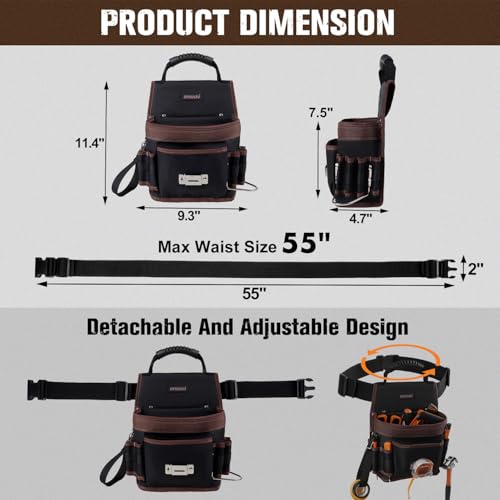 Electrician Tool Pouch, 10 Pockets Tool Belt Pouches with Hammer Holder, Adjustable Small Tool Pouch with Belt for Carpenter Construction Technician Plumber HVAC