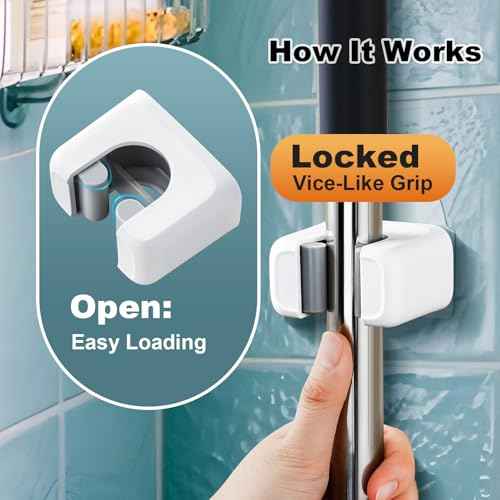 funest 6 Pack Mop and Broom Holder Wall Mount, No Drill Needed Self Adhesive, Non-Slip Mop Grippers for Tile Walls - Kitchen, Bathroom, Garage£¨White£©