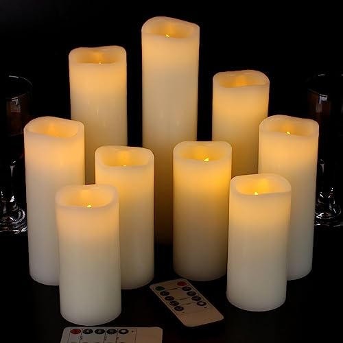 Vinkor Set of 9 Ivory Flameless Candles with Remote & Timer - Real Wax Pillar LED Decor